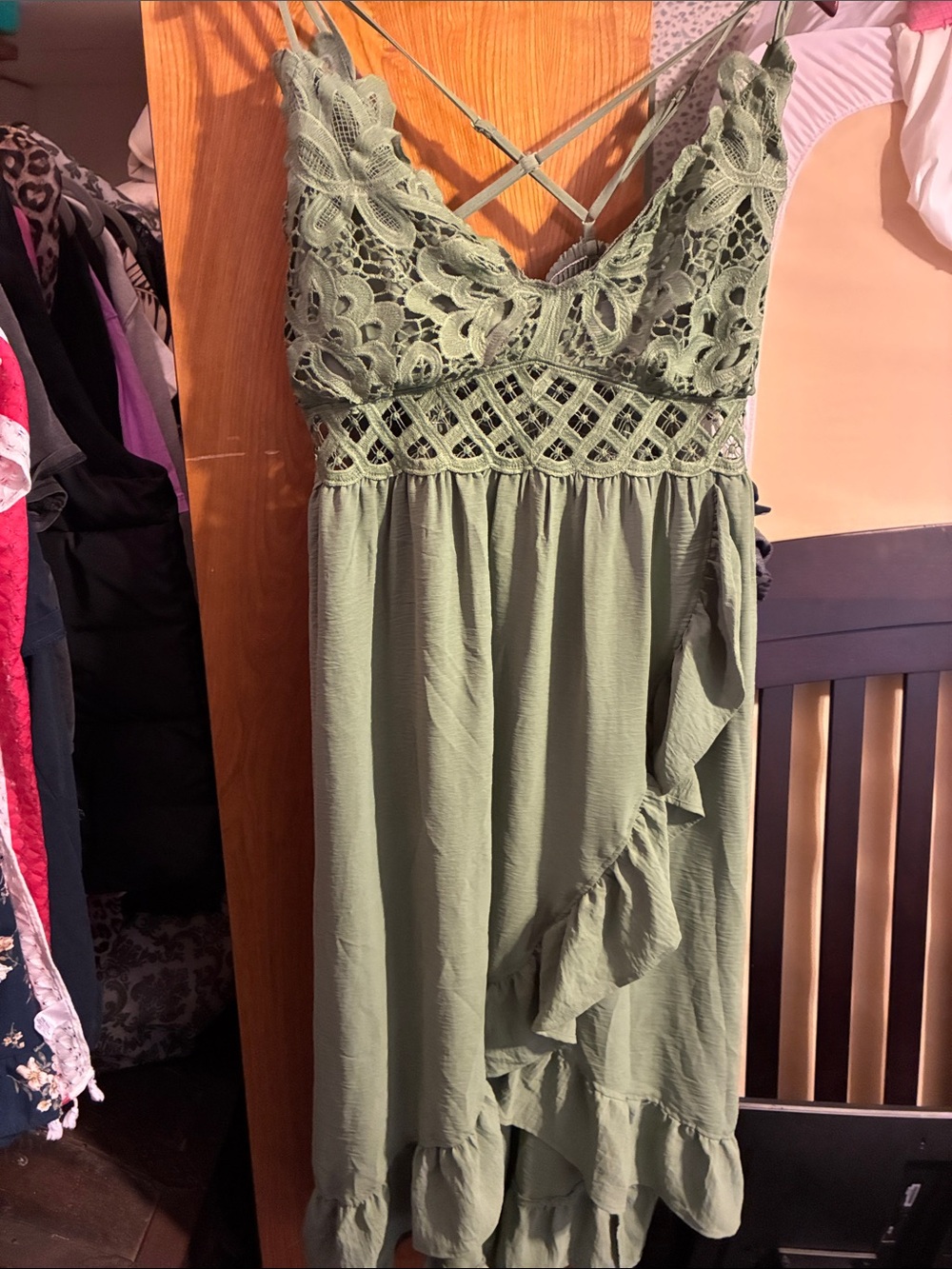 Olive Green Lace Babydoll Maxi Dress